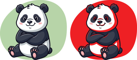 Cute panda cartoon mascot sitting character sticker badge design vector illustration set © Neural Nexus
