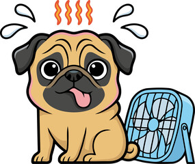 Obraz premium Cartoon pug dog cooling off with fan heatwave illustration