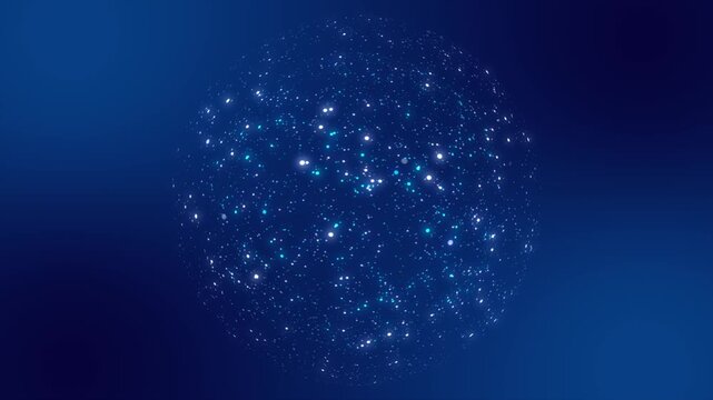 World map particle sphere rotating in deep blue space, thousands of glowing points forming a digital planet, futuristic global network technology background for video and motion graphics