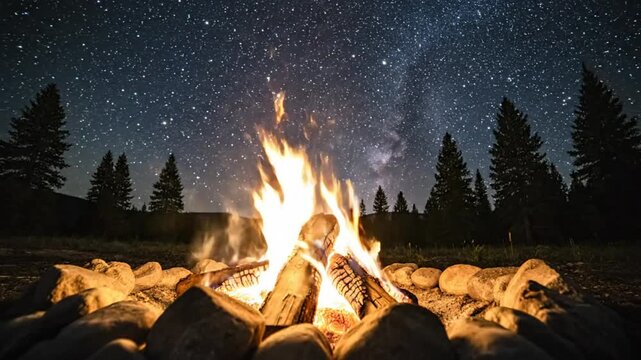 Campfire burning brightly at night with a stunning view of countless stars in the clear sky above the trees