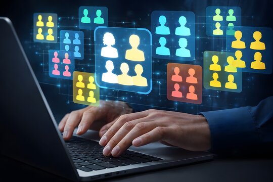 Market segmentation and audience analysis. Consumer profiling marketing strategy. Marketer using laptop computer to analyze target customer persona.