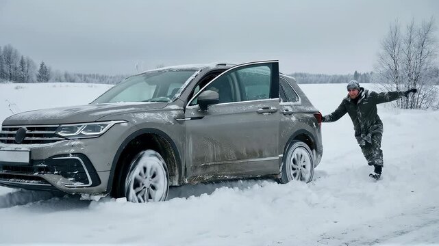 Man pushing stuck car in deep snow, winter travel and vehicle accident concept with driver aiding recovery in a cold landscape