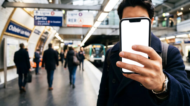 Hand holding mobile phone with blank white screen mockup in Paris Metro station at Chatelet Les Halles for transit app presentation, digital ticketing and urban travel tech display.
