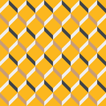 Seamless shallow cube pattern created from taupe, charcoal grey and white parallelograms and yellow diamonds