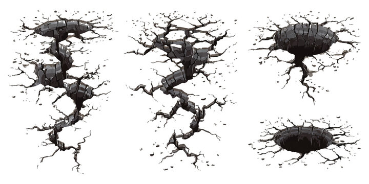 Set of deep ground cracks and sinkhole illustrations with dark shadows