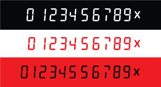 Digital LCD display numbers font template in black white and red background vector