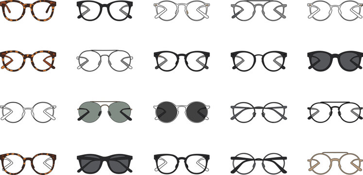 Eyeglasses and Sunglasses Fashion Vector Icon Set Featuring Tortoiseshell Black Round Wireframe Aviator Eyewear and Optical Frame Designs
