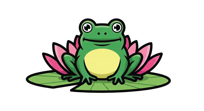 Green Frog Sitting on Lily Pad.