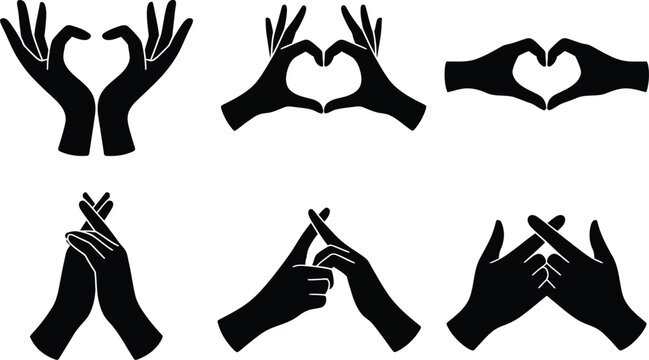 Set of black hand heart gestures and finger shapes silhouettes for romantic expressions with silhouette valentines affection relationship communication expression isolated positive together