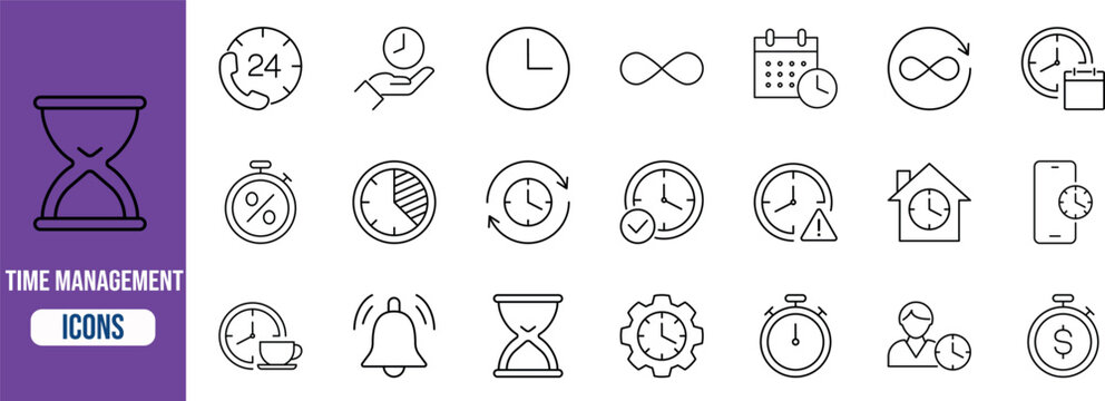 Time management outline vector icons. clock icon set, hourglass icon set, stopwatch icon set