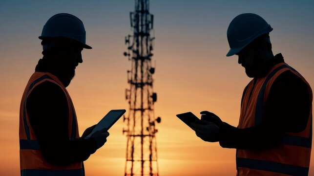 Engineers in safety gear monitoring telecommunications tower data on tablets, collaborating on 5g network installation and maintenance against a vibrant sunset sky