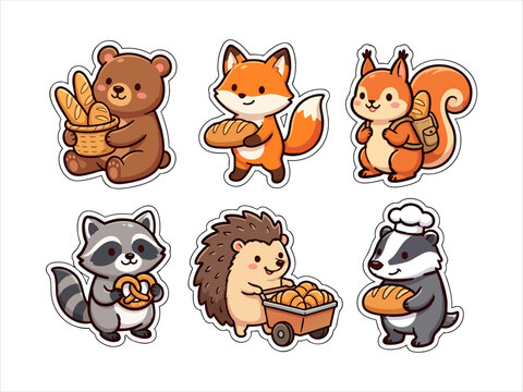 Cute woodland animals as bakers with bread vector illustration chef hat squirrel hedgehog character collection illustration wildlife adorable creature