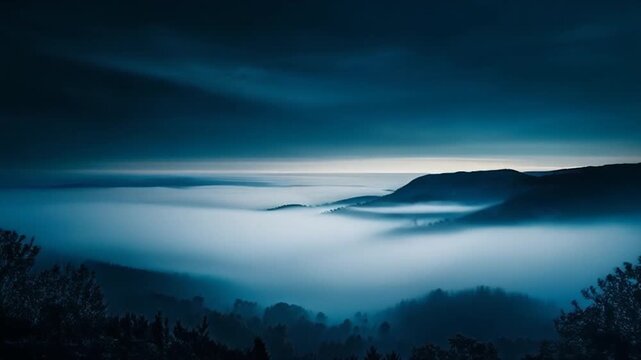Smooth dark fog layers drifting downward through a cool glowing atmosphere with soft cinematic depth