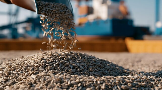 Sunflower seeds are pouring into a large pile, highlighting the agricultural industry, harvest, logistics, and trading of grain at a port or storage facility