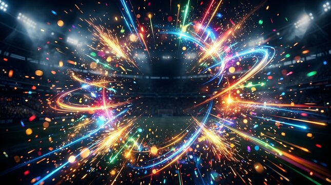 Vibrant Neon Light Trails Orbiting A Soccer Stadium Field During A Grand Championship Night Event.