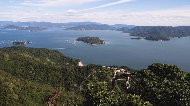 Itsukushima island landscape view, hiking to Mount Misen, Miyajima island panorama, with Hiroshima bay and Seto Inland Sea archipelago, Japan, Hiroshima prefecture, Setonaikai National Park islets