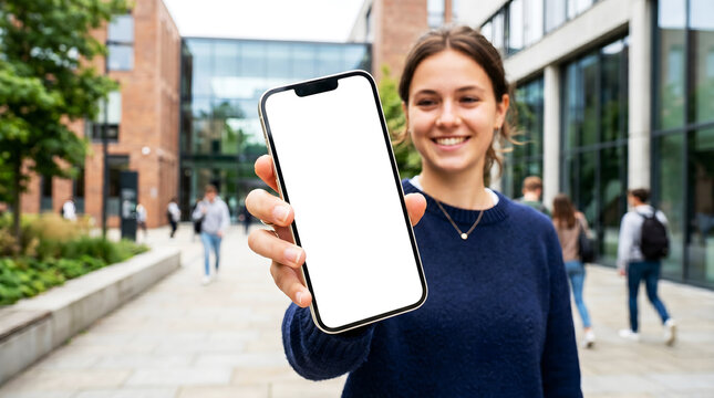 Hand holding mobile smartphone blank white screen mockup, smiling female college student presenting device display, blurred modern university campus courtyard brick background. 8k. AI
