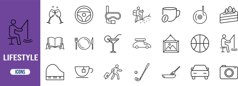 Everyday lifestyle activities vector icons. car icon set, camera icon set, coffee icon set
