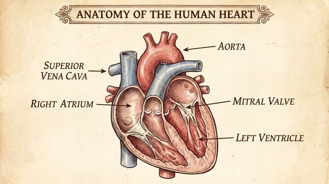 Detailed Medical Illustration of Human Heart Anatomy