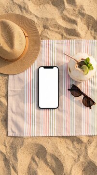 A smartphone, straw hat, sunglasses, and coconut on a striped towel on the sand. Concept of digital nomad lifestyle, summer vacation, relaxation, and travel essentials. Generative AI.