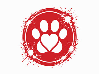 Red circular paw print with heart shaped pad vector illustration with splatter effect animal pet © Apai