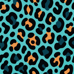 Fototapeta premium Seamless leopard print pattern on a bright light blue background with black, orange, and dark teal spots. Perfect for modern fashion textiles, wallpaper, and background design.