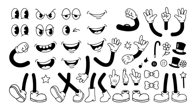 Retro mascot body parts collection with cartoon expressions and limbs