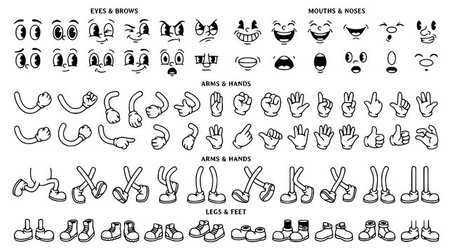 Vintage mascot element set with retro cartoon arms legs and facial expressions