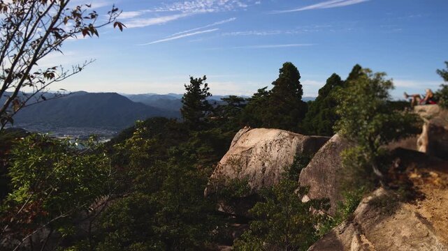 Itsukushima island landscape view, hiking to Mount Misen, Miyajima island panorama, with Hiroshima bay and Seto Inland Sea archipelago, Japan, Hiroshima prefecture, Setonaikai National Park islets