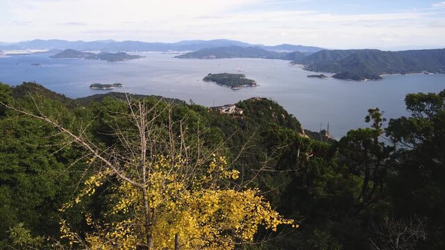 Itsukushima island landscape view, hiking to Mount Misen, Miyajima island panorama, with Hiroshima bay and Seto Inland Sea archipelago, Japan, Hiroshima prefecture, Setonaikai National Park islets