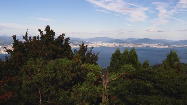 Itsukushima island landscape view, hiking to Mount Misen, Miyajima island panorama, with Hiroshima bay and Seto Inland Sea archipelago, Japan, Hiroshima prefecture, Setonaikai National Park islets