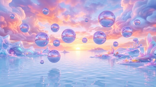 Surreal Fantasy Landscape with Floating Glass Spheres over Calm Ocean at Sunset, Dreamy Pastel Pink and Purple Clouds 3D Render