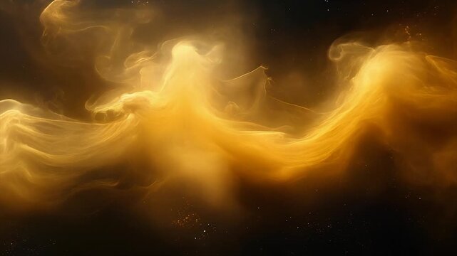 Golden silk like fog flowing across a shadowy galactic void with dark cinematic ambient depth