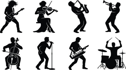 Musicians and live band performers silhouettes set including guitarists violinist cellist saxophonist trumpeter singer keyboardist and drummer © Shahanaj