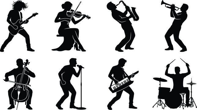 Musicians and live band performers silhouettes set including guitarists violinist cellist saxophonist trumpeter singer keyboardist and drummer