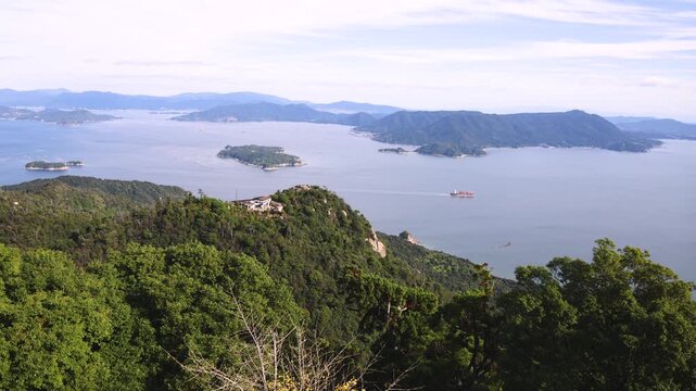 Itsukushima island landscape view, hiking to Mount Misen, Miyajima island panorama, with Hiroshima bay and Seto Inland Sea archipelago, Japan, Hiroshima prefecture, Setonaikai National Park islets