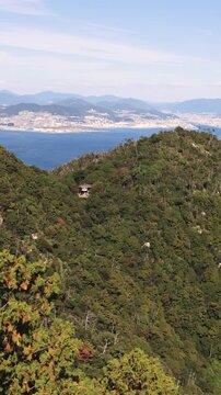 Itsukushima island landscape view, hiking to Mount Misen, Miyajima island panorama, with Hiroshima bay and Seto Inland Sea archipelago, Japan, Hiroshima prefecture, Setonaikai National Park islets