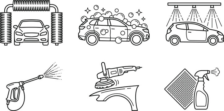 Car wash and auto detailing vector icon set with automatic station pressure spray and polishing equipment