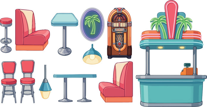 Retro 1950s Diner Furniture and Interior Elements Set with Jukebox Booths Tables Bar Chairs and Counter for Vintage Restaurant Caf&eacute; Designs