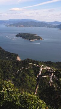 Itsukushima island landscape view, hiking to Mount Misen, Miyajima island panorama, with Hiroshima bay and Seto Inland Sea archipelago, Japan, Hiroshima prefecture, Setonaikai National Park islets