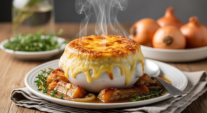 Melted cheese topping bubbling French onion soup served on wooden table with fresh vegetables