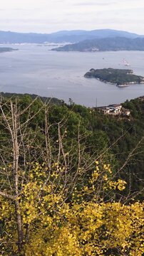 Itsukushima island landscape view, hiking to Mount Misen, Miyajima island panorama, with Hiroshima bay and Seto Inland Sea archipelago, Japan, Hiroshima prefecture, Setonaikai National Park islets
