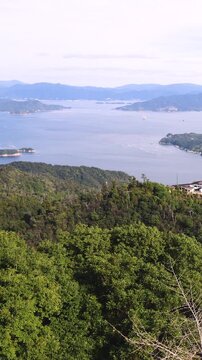 Itsukushima island landscape view, hiking to Mount Misen, Miyajima island panorama, with Hiroshima bay and Seto Inland Sea archipelago, Japan, Hiroshima prefecture, Setonaikai National Park islets