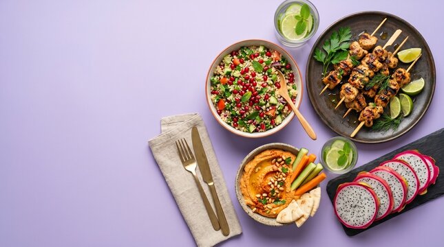 Vibrant Mediterranean Food Flat Lay with Grilled Chicken Skewers, Hummus, Tabbouleh, and Dragon Fruit on Purple Background. Healthy Dining Concept with Bright Natural Lighting.