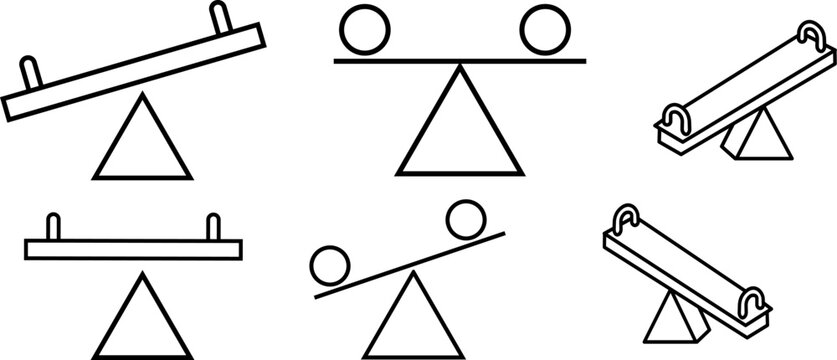 See saw and leverage balance vector icon set. Simple illustration of isolated line art playground seesaws, linear geometric comparison scales, and isometric imbalance graphics collection on white back