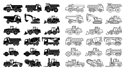 Construction Vehicle Silhouettes On White Background Linear Vector Graphics © Imagevector