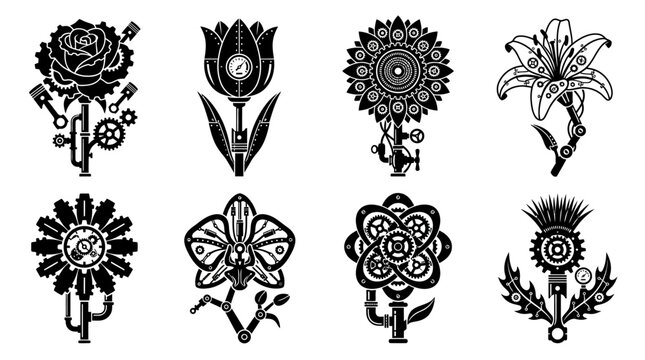 Steampunk floral ornaments with gears and mechanical elements black silhouette