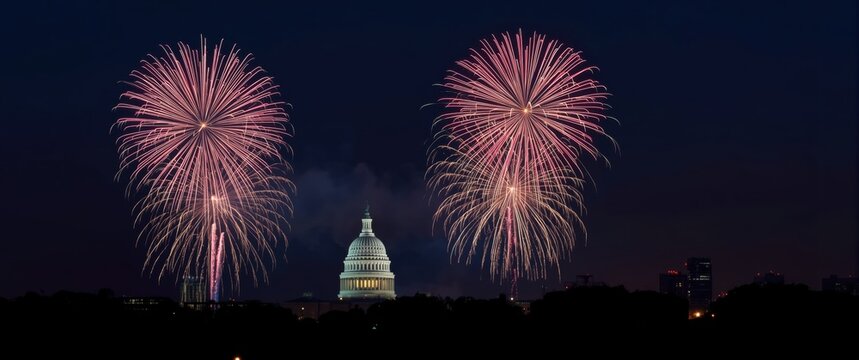 Two large pink and purple fireworks exploding above the illuminated united states capitol building at night time