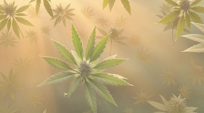 Green cannabis leaves floating in soft golden sunlight with a warm hazy atmosphere
