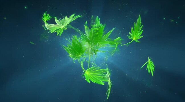 Glowing green cannabis leaves floating in a dark blue space with light particles